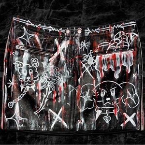 Hand-Painted Black Graffiti genuine Leather Mini Skirt